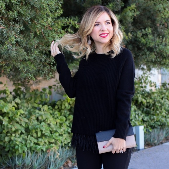 Nina Leonard Black Wool Feathers sweater NORDSTROM Fringe hem - Picture 1 of 7